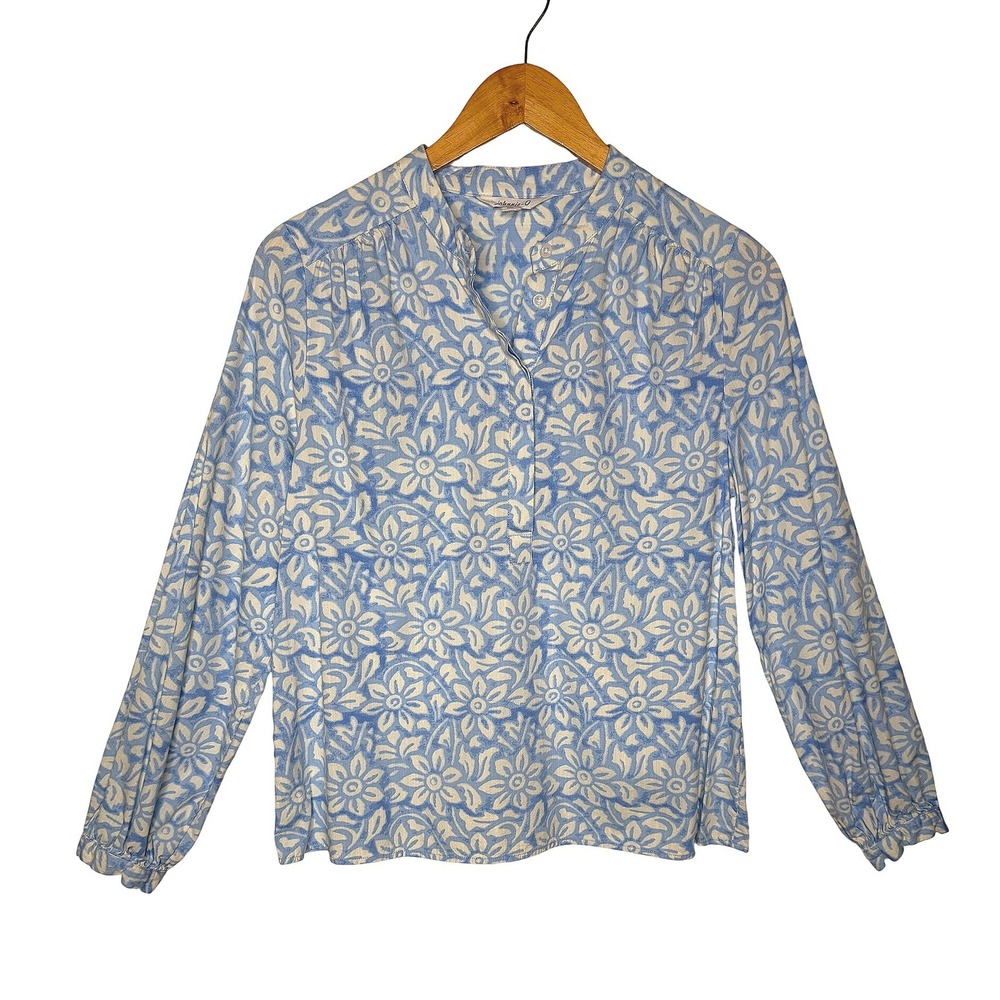 Johnnie-O Women Small Alana Woven Popover Blouse Blue Floral Long Sleeve Top S